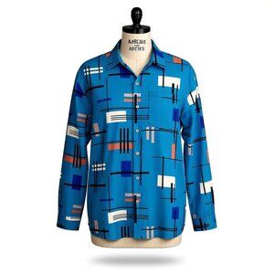 Royaura Men's Hawaiian Shirt Blue Atomic Geometric Print Easy Care Size XL